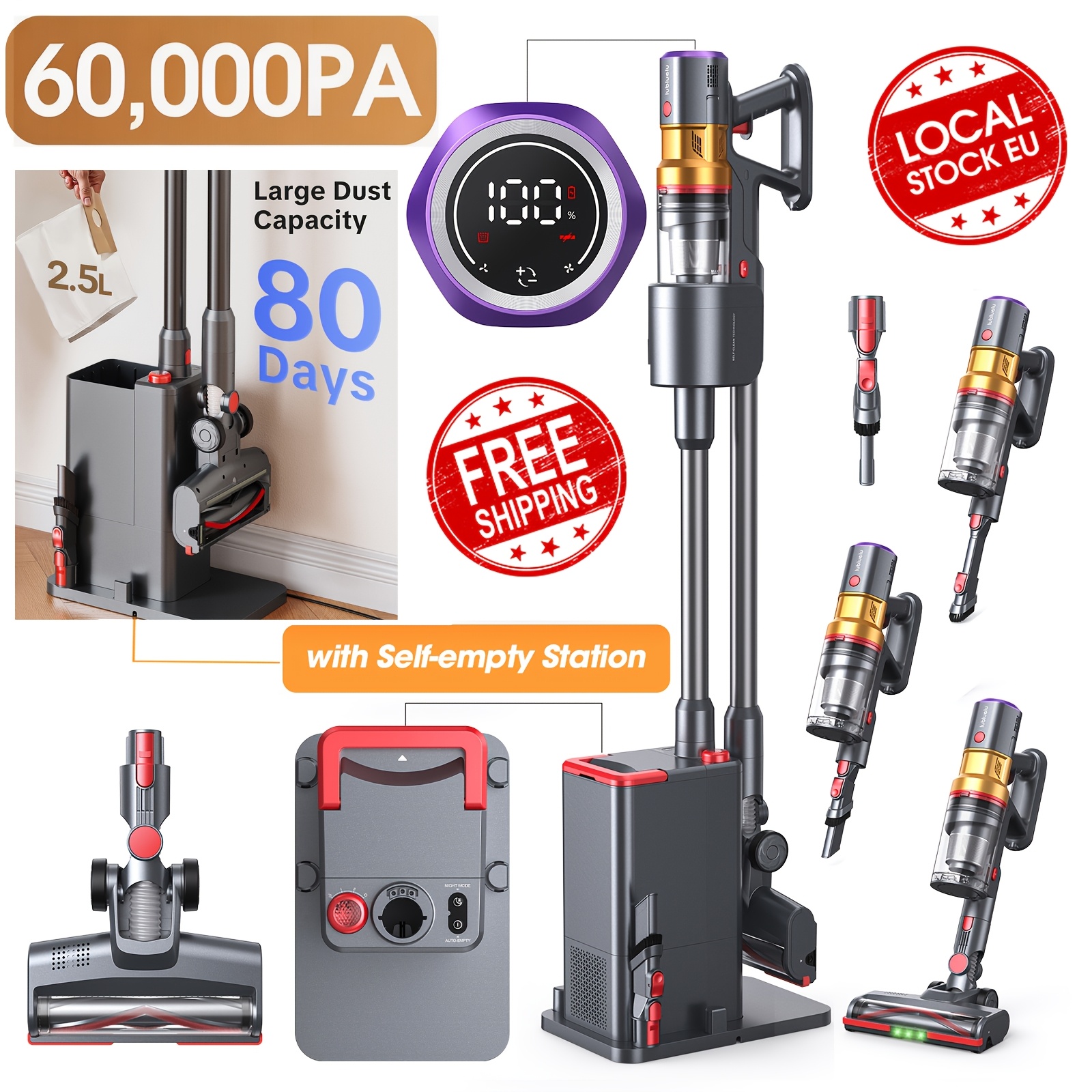 TEMU Aspirateur Balai Fil par Lubluelu, Aspiration Puissante de 60KPa, Ramassage Automatique de la Poussière et de Rangement, de la Batterie de 60
