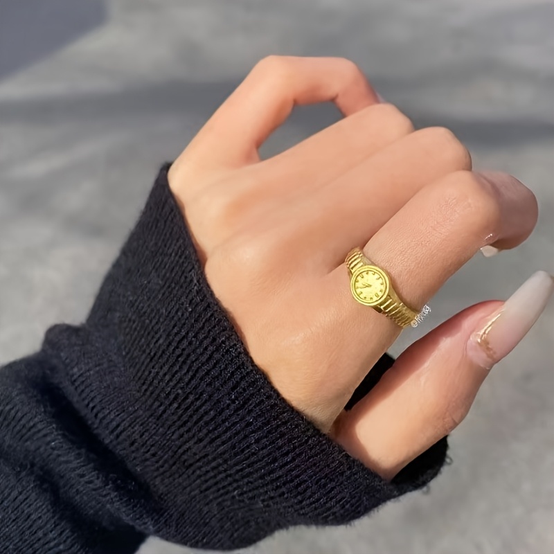 TEMU Anillo de Reloj Dorado 520 para Mujer, Diseño Ins Niche, Moda Individual, Anillo Abierto, Regalo de San Valentín