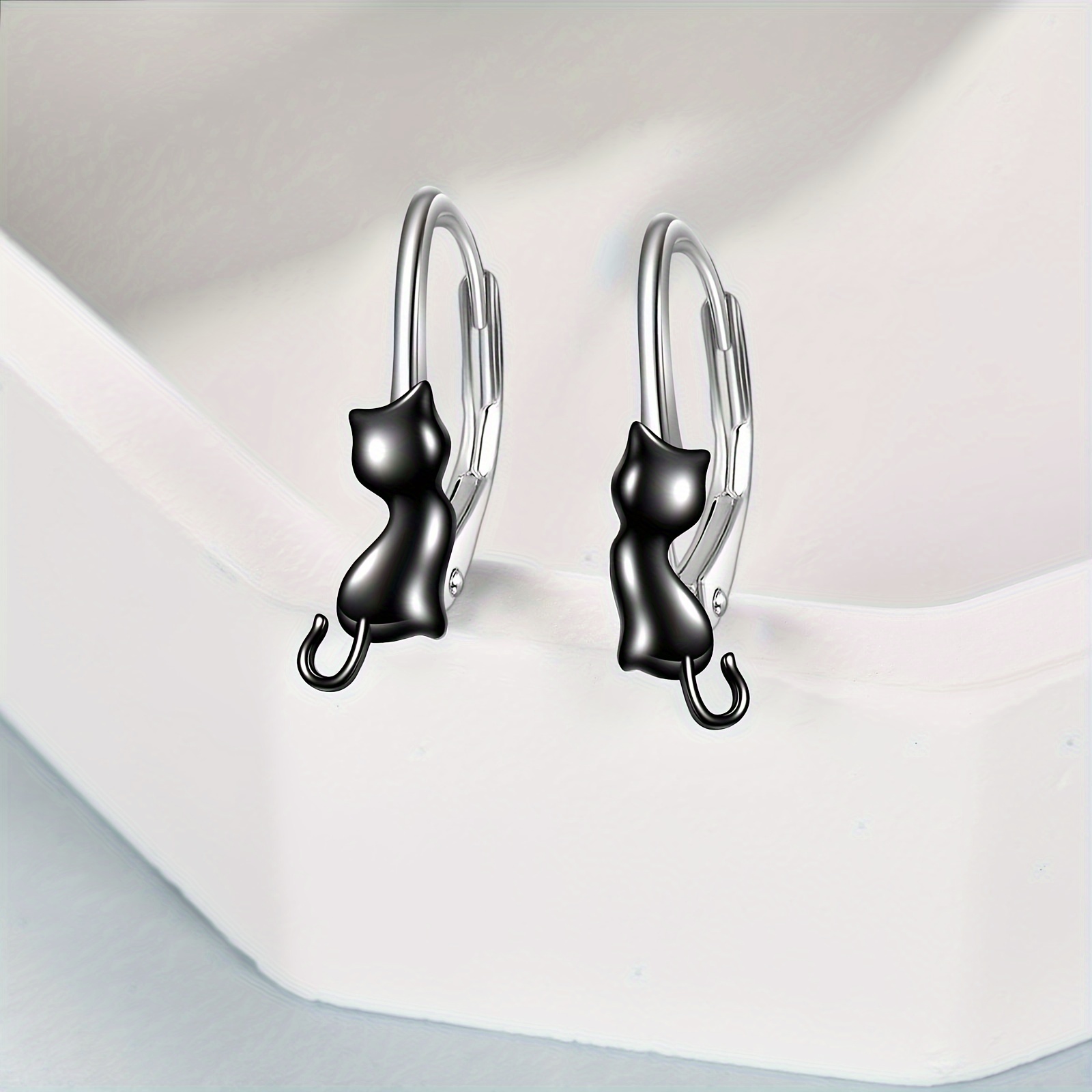 Sterling Silver Cat Hoop Dangle Earrings
