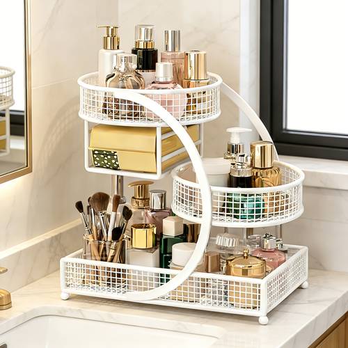 1pc no install metal cosmetic storage rack tools gift spiral 3 tier mesh vanity organizer with tissue holder space saving countertop shelf for lipstick skincare brushes bottles perfume tissue