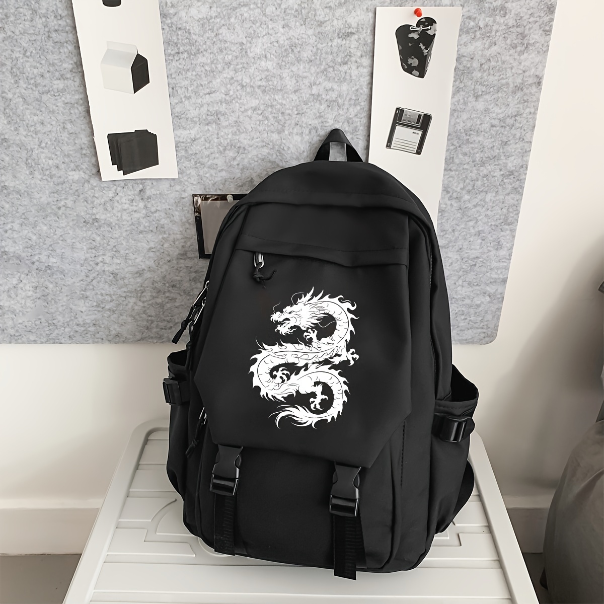 

Cool Dragon Design Nylon Backpack For Men, Daily Black Rucksack With Adjustable Straps, Polyester Lined Zippered Bag, Sewing Thread Detail, For 15+ Years Old - No Wash Needed