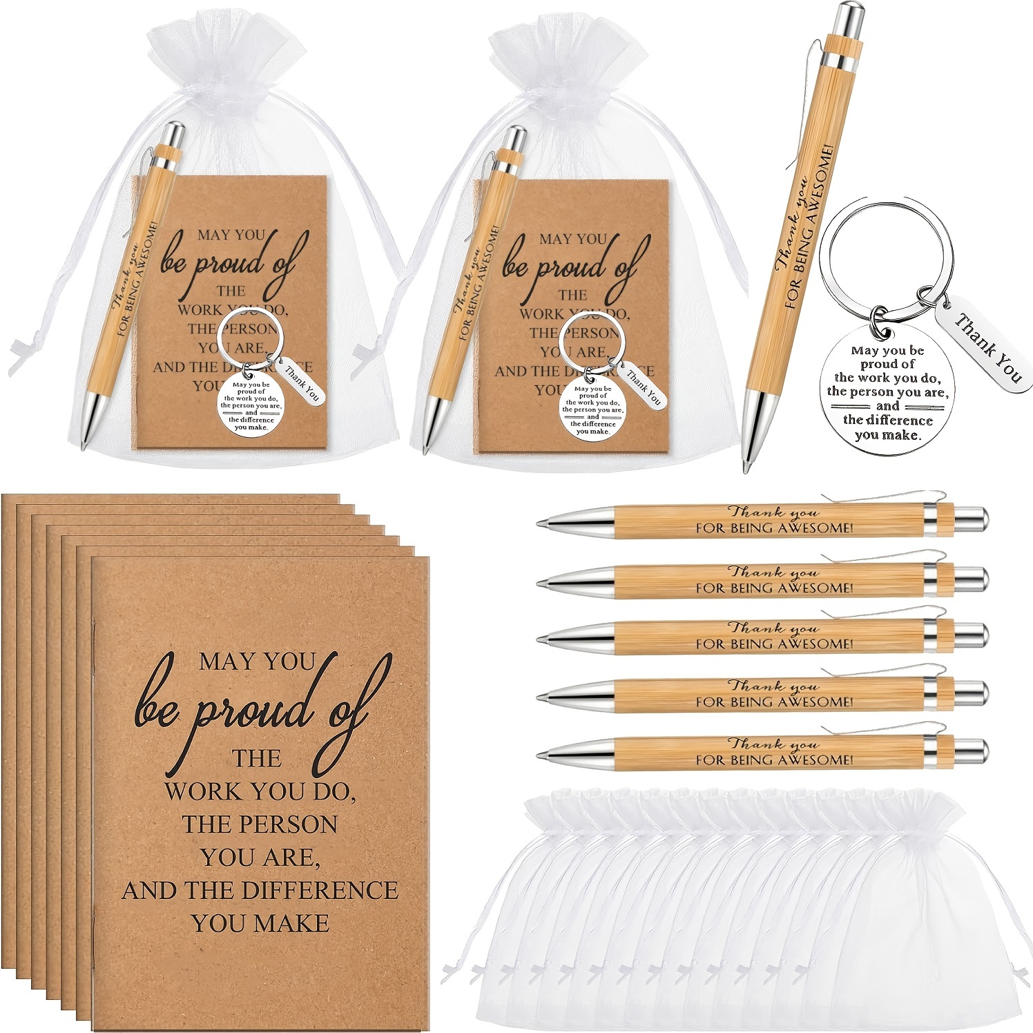 

6set/24pcs Employee Appreciation Gifts Bulk Ever Gifts Includes Mini Journal Notepads Thank You Vintage Key Bottle Keychain Inspirational Bamboo Pen Organza Bag For Staff Coworker