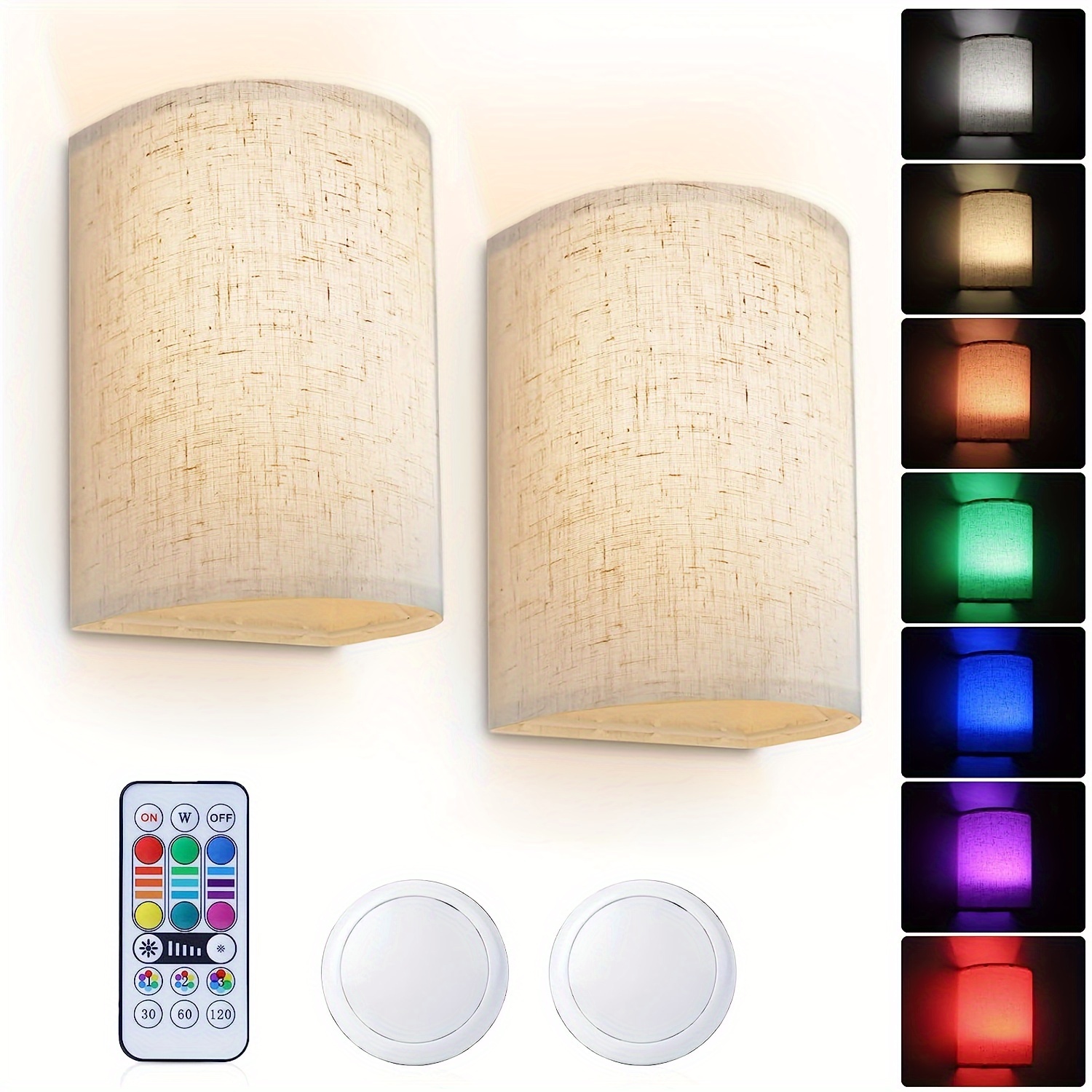 

2pcs Rgb Colors Wireless Wall Light Wall Sconce With Fabric Shade Remote Control Dimmable Lighting Lamp Fixtures For Bedroom Living Room Hallway