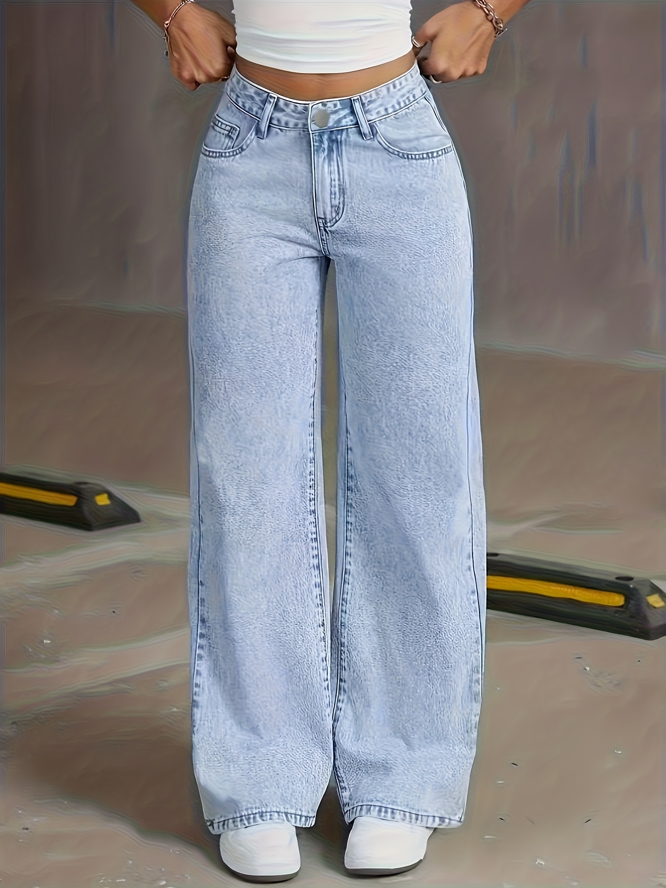 womens   waist wide leg jeans with elastic back waistband retro washed blue loose straight leg pants casual and fashionable