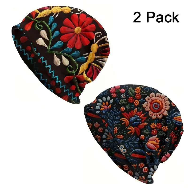 TEMU 2pcs Retro Mexican Style Beanies , Fashion Bonnet Hat For Men And Women, Exquisite Colorful Flower Warm Winter Headwear, Perfect Beach Party