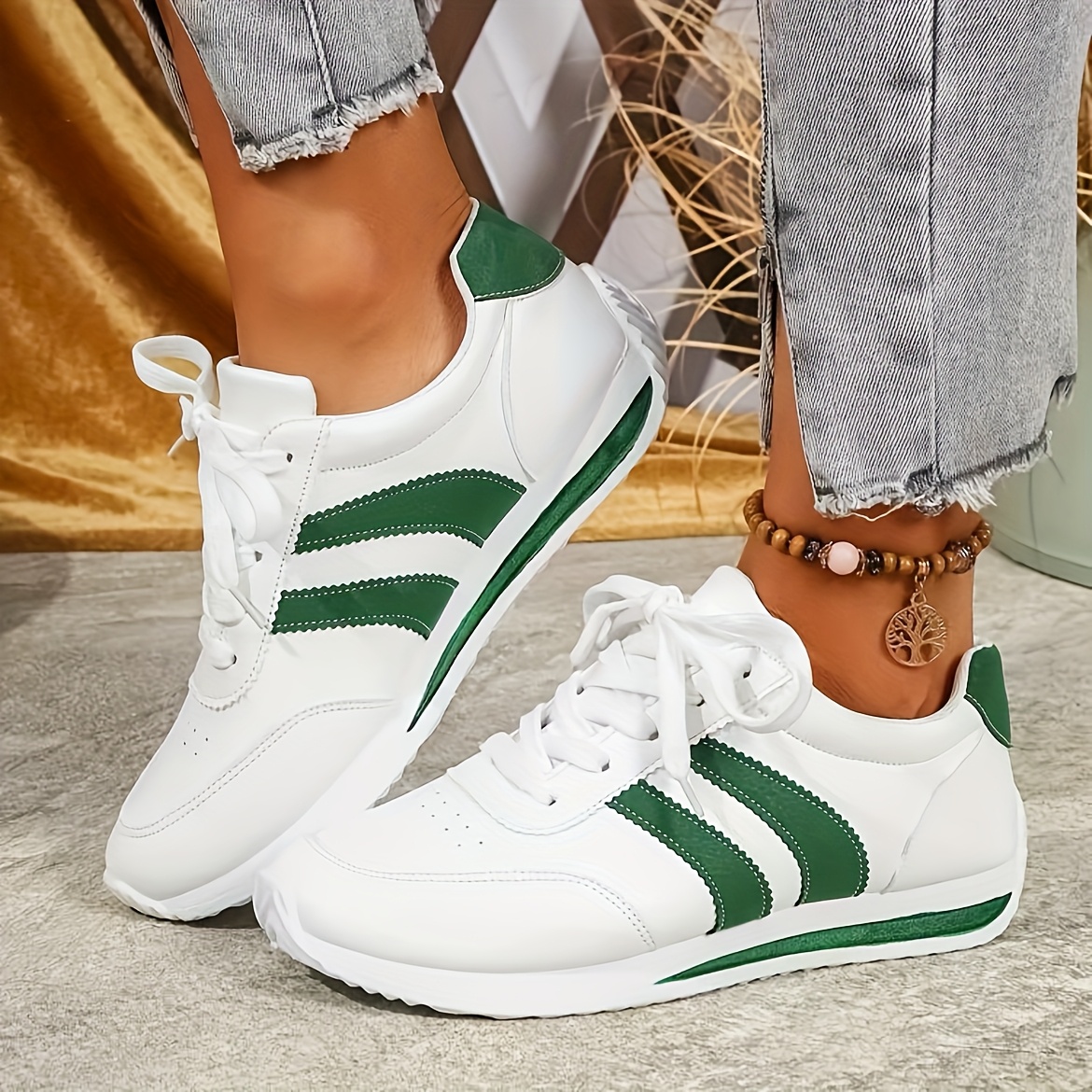 Women'S Casual Sneakers, Lightweight White Synthetic Upper with Navy Blue/Green Stripe Accents, EVA Sole Lace-Up Low-Top Design, All-Season Wear, for Daily Use, Outdoor Sports, Parties, Fitness, Beach Activities, Vacations & Holiday Gifts