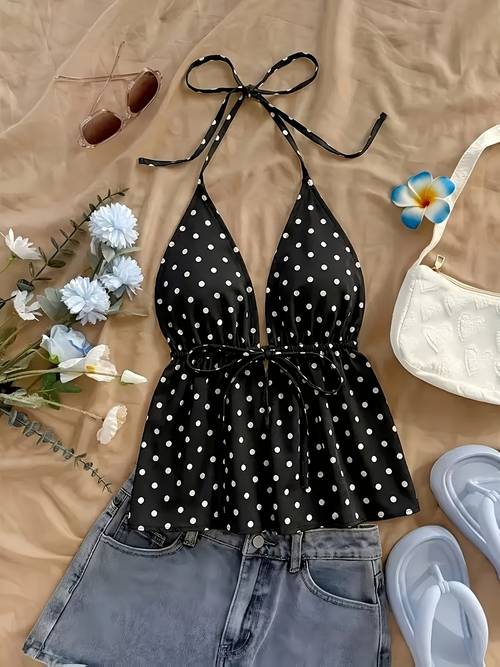 womens backless halter neck top adjustable thin strap deep v neck blouse style shirt with detail polka dot suitable for casual beachwear summer outfits machine washable non stretch