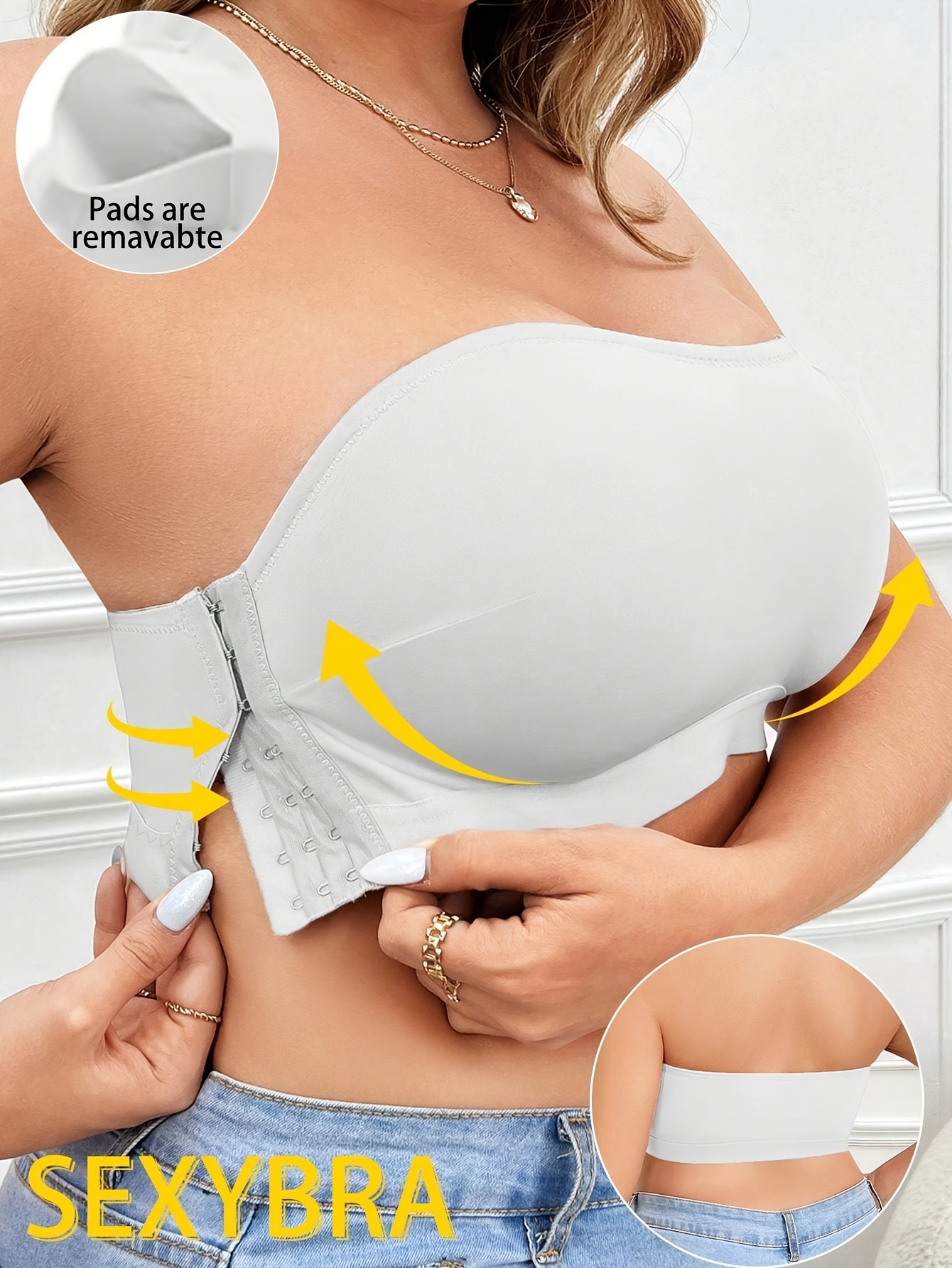 Plus Size Women's Comfortable Bra with Removable Chest Pads - Soft Stretchy Solid Color Round Neck, Side Opening Design & No Underwire, Machine Washable for Everyday & Special Occasions (Casual to Formal Wear)