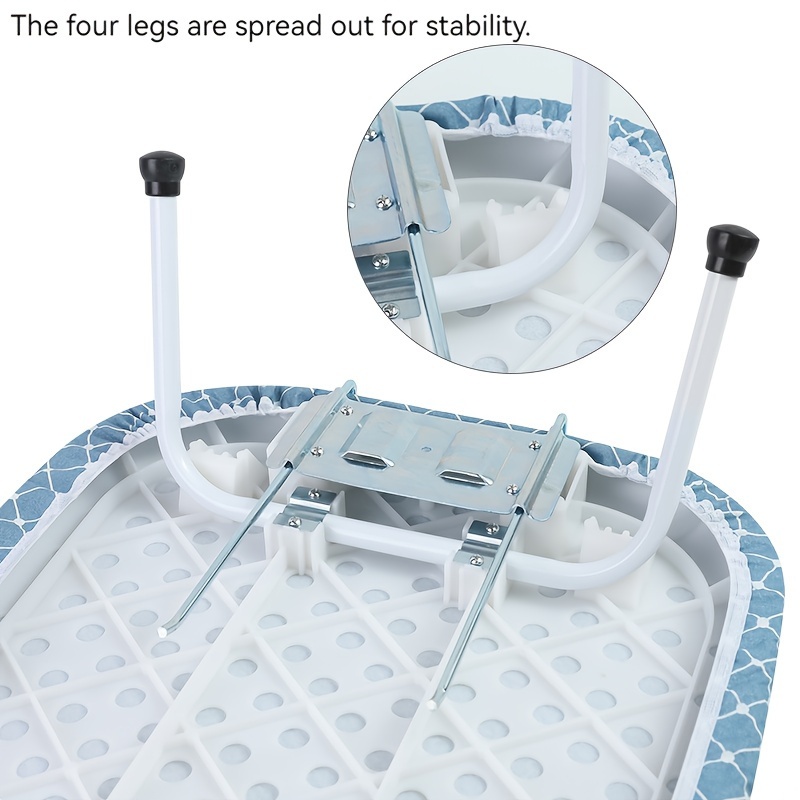 a large ironing board with four folding legs featuring a removable fabric cover that ensures stability while ironing details 4