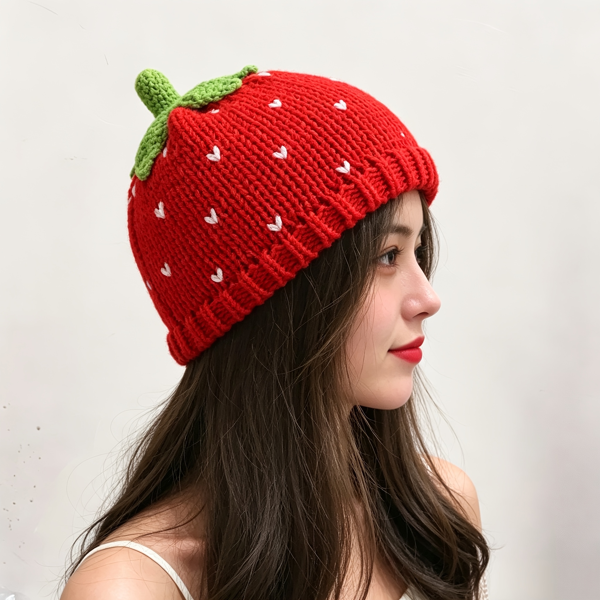 TEMU Bonnet Fruit Tricoté à avec Feuille et Tige 3D Pomme/Fraise Citron - Bonnet d'Hiver Léger Élastique Extensible pour Femmes et Filles, Cadeau de