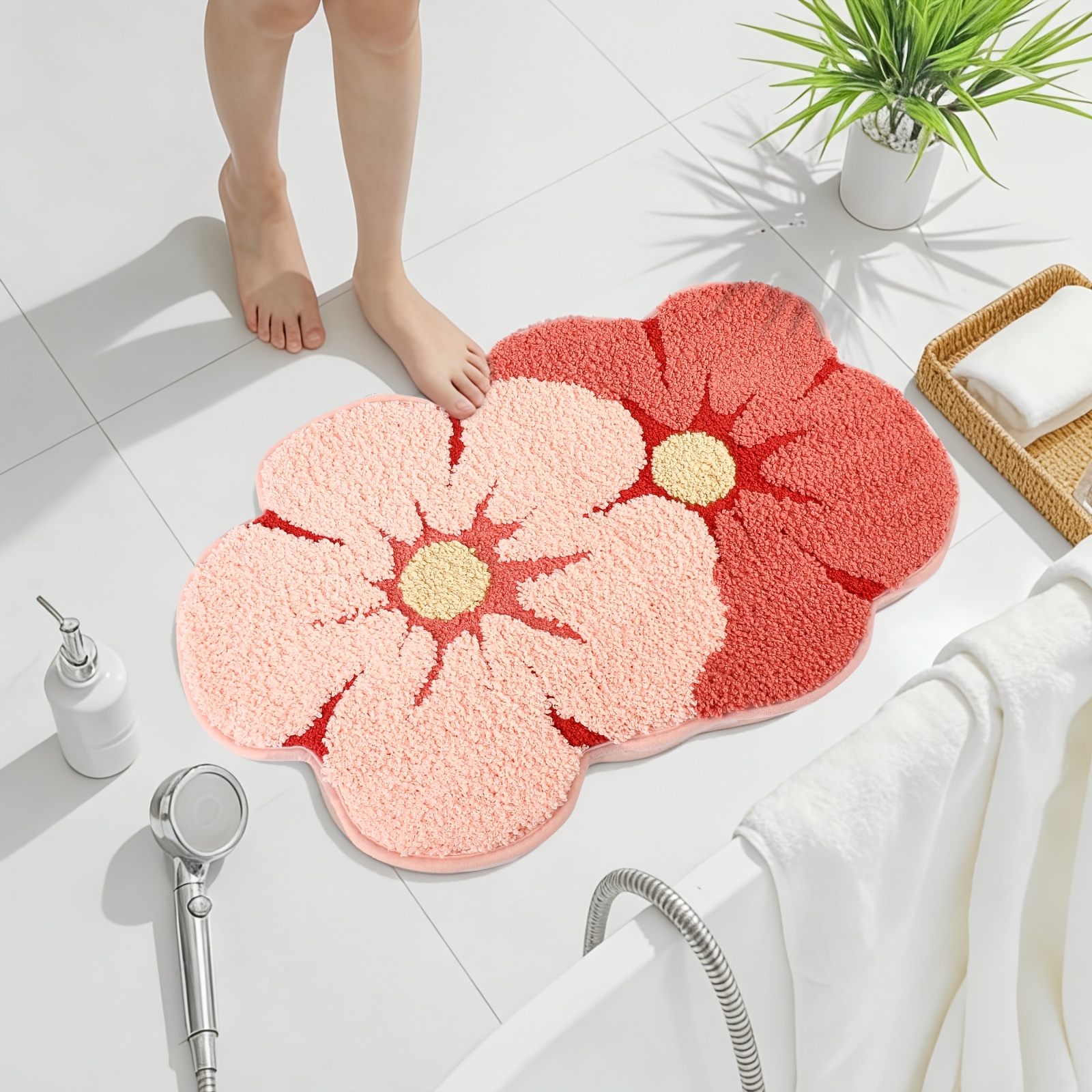 TEMU 1pc 2 Color Flower Pattern Bathroom Floor Mat, And Comfortable Bathtub Rug, Machine Washable Flocking Vanity Mat, Tpr Bottom Suitable For