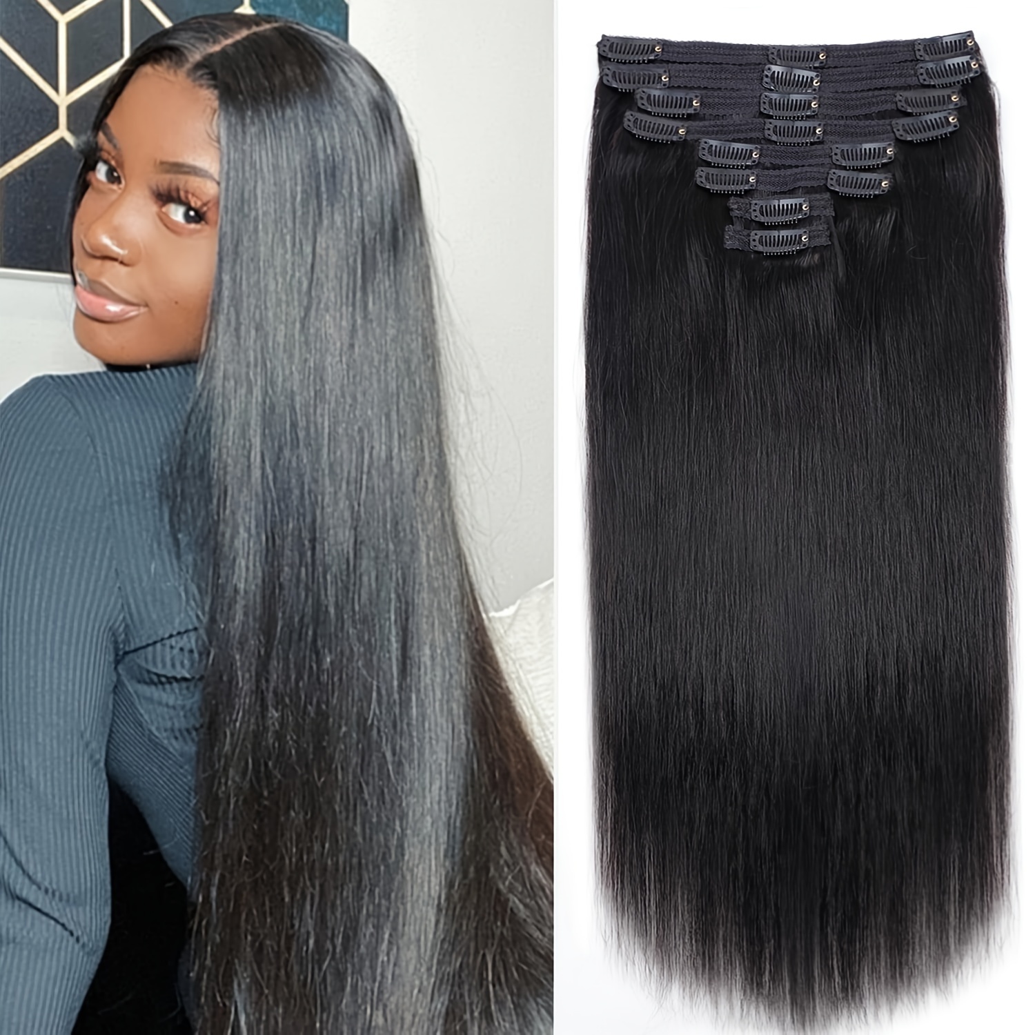 

Straight Human Hair Clip In Hair Extensions Human Hair Natural Black Color, 8/pcs With 18clips (18-26inch, Straight Hair)