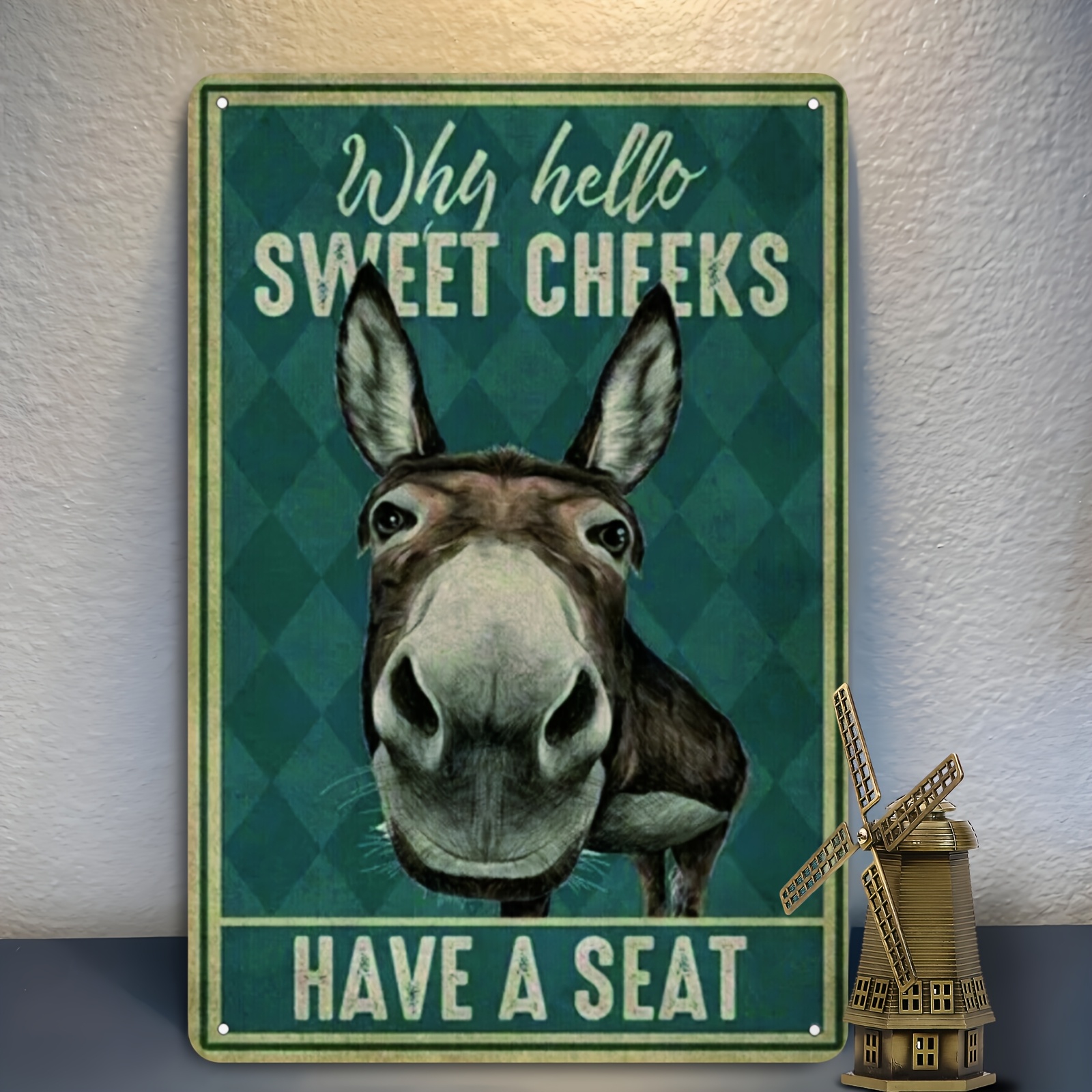 TEMU 2d Flat, Humorous Donkey Wall Plaque "why Hello Sweet Cheeks" - Rustic Farmhouse Bohemian Artificial Sign Suitable For Man Cave,, Room Decor,