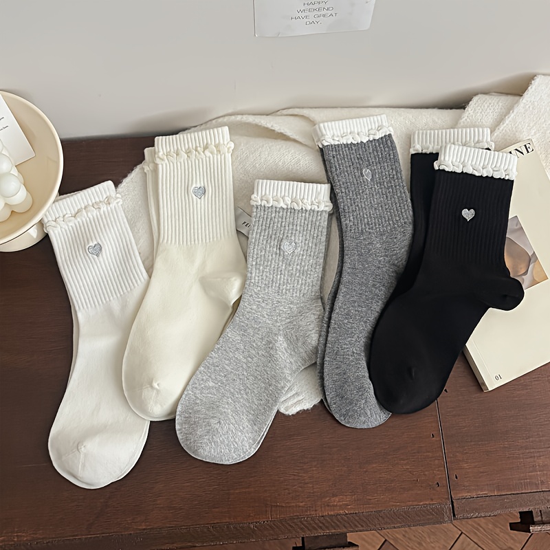 5 Pairs Bubble Heart Lace Socks Women's Mid-calf Socks [autumn Winter Style] Korean Japanese Fashion Versatile Thick Socks