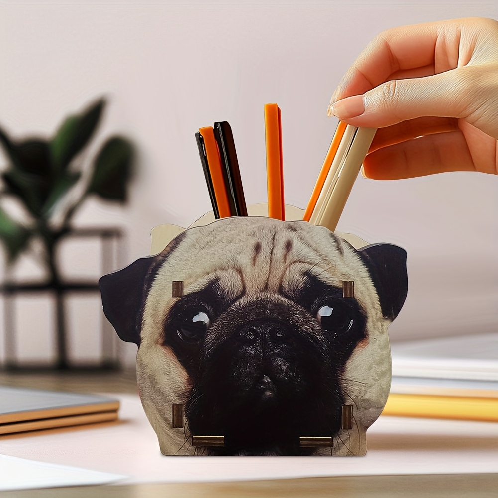 

1pc Wooden Pug Dog Pen Holder, Adorable Desk Organizer, Easy , Office Supplies, Desktop Storage For Pens & Makeup Brushes, Back To School Accessory