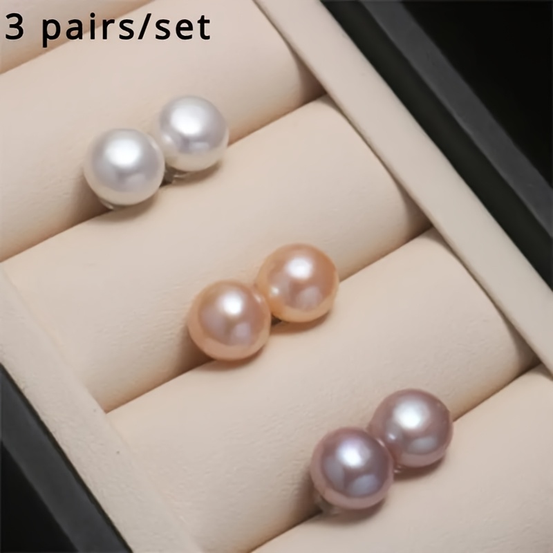 TEMU 3 Pairs Of Natural Freshwater Freshwater Pearls Earrings -7-8 Millimeters, 925 Sterling Silver, Hypoallergenic, , Suitable For Daily Wear And