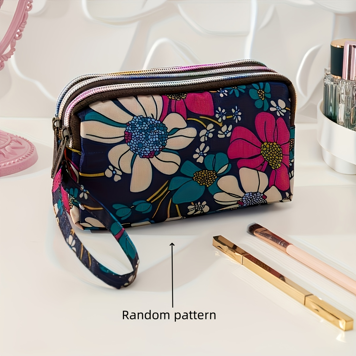 

1pc Pochette poignet à imprimé floral - Grande trousse de maquillage en polyester, alcool, cadeau idéal pour des mères