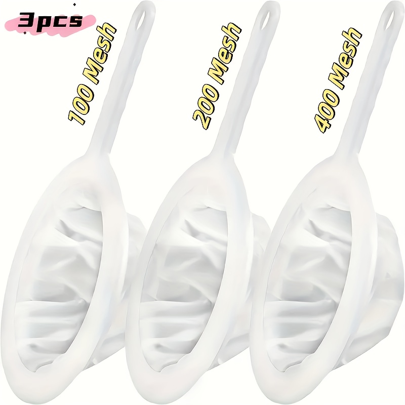 3pcs Nylon Mesh Strainers With Plastic Handles - 100, 200, 400 Mesh Sizes For Soy Milk, Coffee, Yogurt, Juice, And - Durable Kitchen Sieve Filters