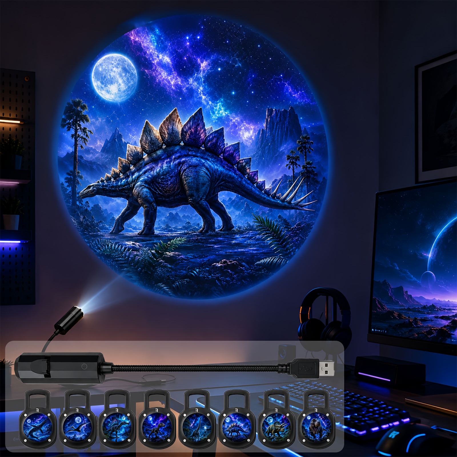 TEMU Veilleuse projecteur dinosaure, lampe à projection d' HD rotative à 360° alimentée par USB, lampe de chevet LED avec films , Tricératops,