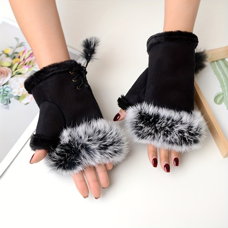 E-shop 1 Paar Damen-Warmhandschuhe ohne Fingerspitzen mit Bommeln - Burgunder Samt Schnürdesign, Flauschige Weiße Besatz, Stilvolles Winteraccessoire