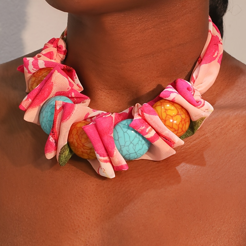 Bohemian Fabric Printed Faux Turquoise Necklace