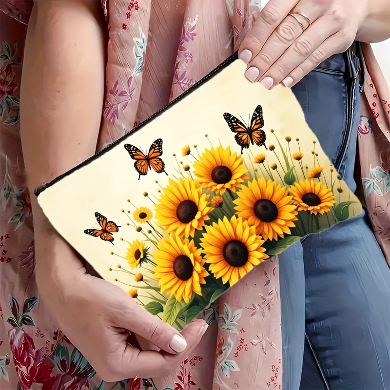 TEMU 1 Yellow-designed Sunflower Print Makeup Bag, A Lightweight And Foldable Travel Cosmetic Storage Bag With A Durable Zipper Closure, Suitable For