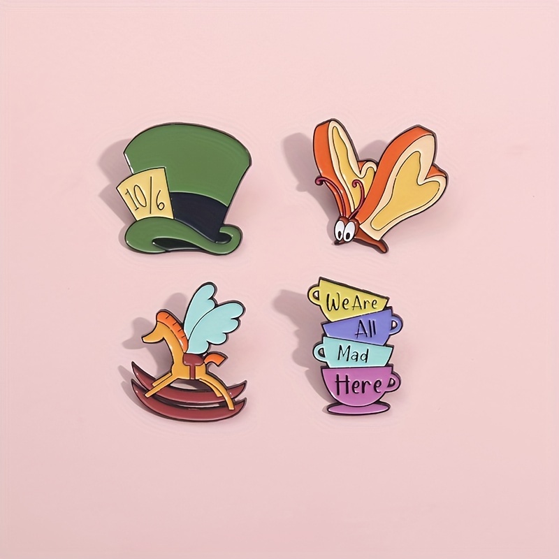 

Vintage Alloy Brooch Pins Set - Whimsical Themed Pins With 's Hat, White Rabbit Ears & Quote, Unplated Daily Wear Cartoon Badge Collection For All Seasons - 1/2/4pcs Pack