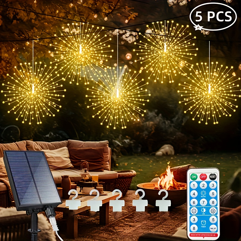 TEMU [popular ] 4/5pcs Hanging Solar Powered Outdoor Firework Lights, 240/360/450 Led Sparkling Starburst Sphere Lights, Warm White/multicolor, 10