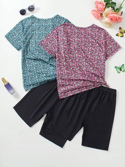 4pcs girls spring summer outfit set leopard print short sleeve and fit shorts casual machine washable polyester blend ideal for daily wear activities vibrant clothes outdoor