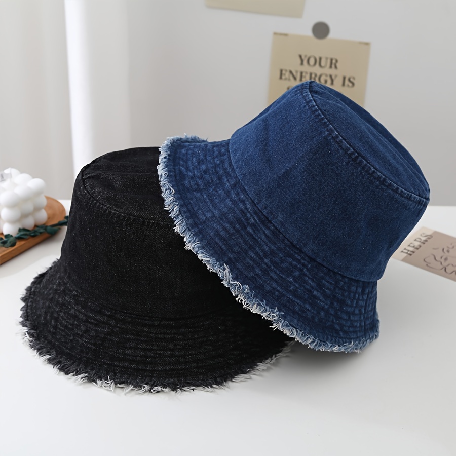 

Vintage Frayed Edge Denim Bucket Hat, Women's Washed All-match Face-shielding Fisherman Cap, Casual Retro Solid Color Fisherman Hat For Spring/summer