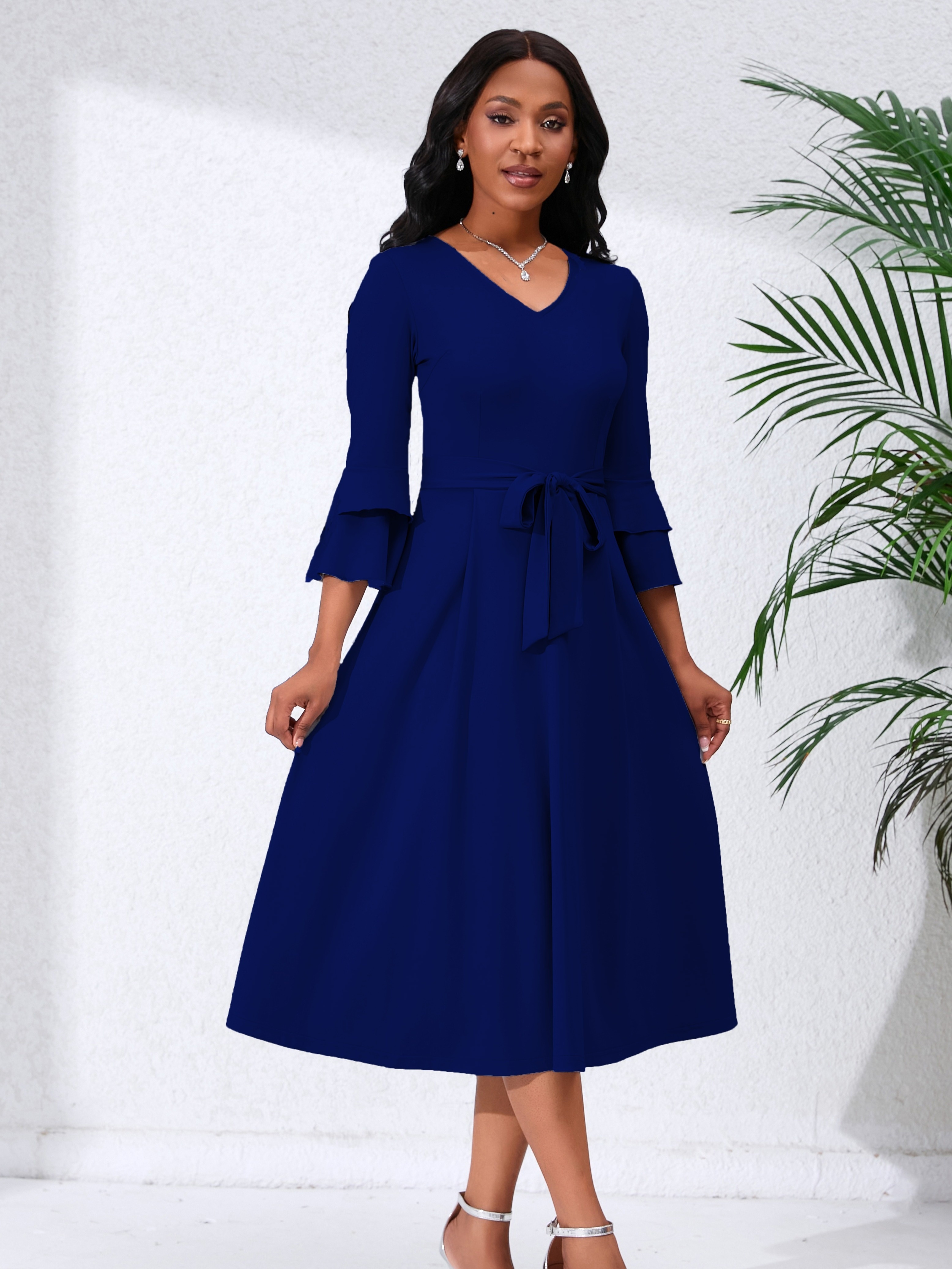 open lace back dress ITY SPANDEX KNIT WRINKLE-FREE l 3/4 SLEEVE SURPLICE DRESS