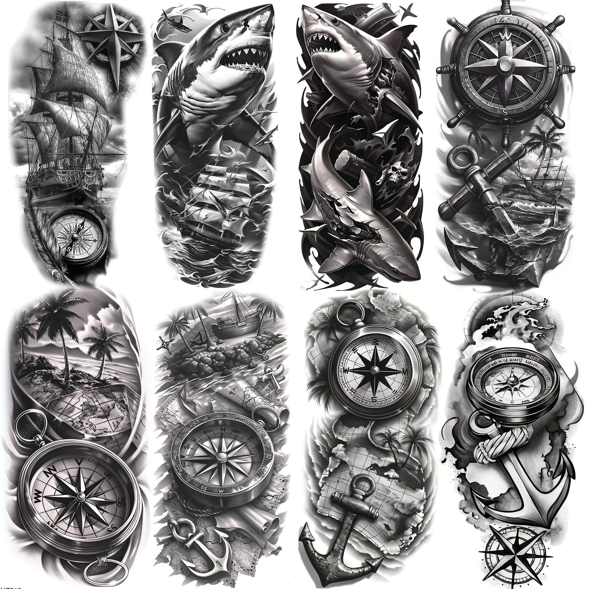 Image of 8 Sheets Creative Pirate Ship Compass Anchor Temporary Tattoos For Men Women Adults Arm Leg Tatoos, Long Lasting Realistic Shark With Boat Fake Tattoo Sticker Waterproof Forearm Sleeve Decals