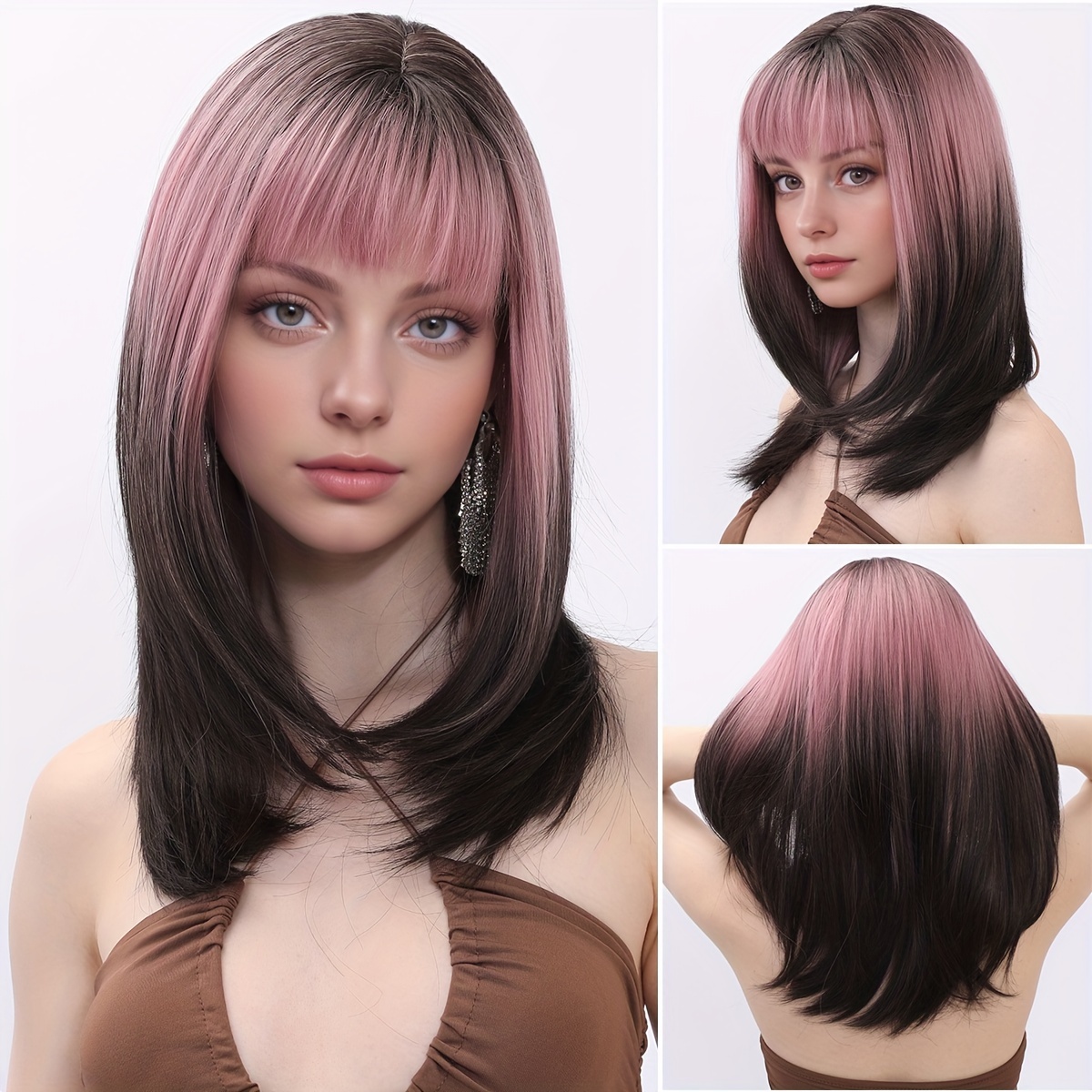 

20 Inch Synthetic Pink Gradient Natural Straight Bangs Wig, Showcasing Your Unique Charm