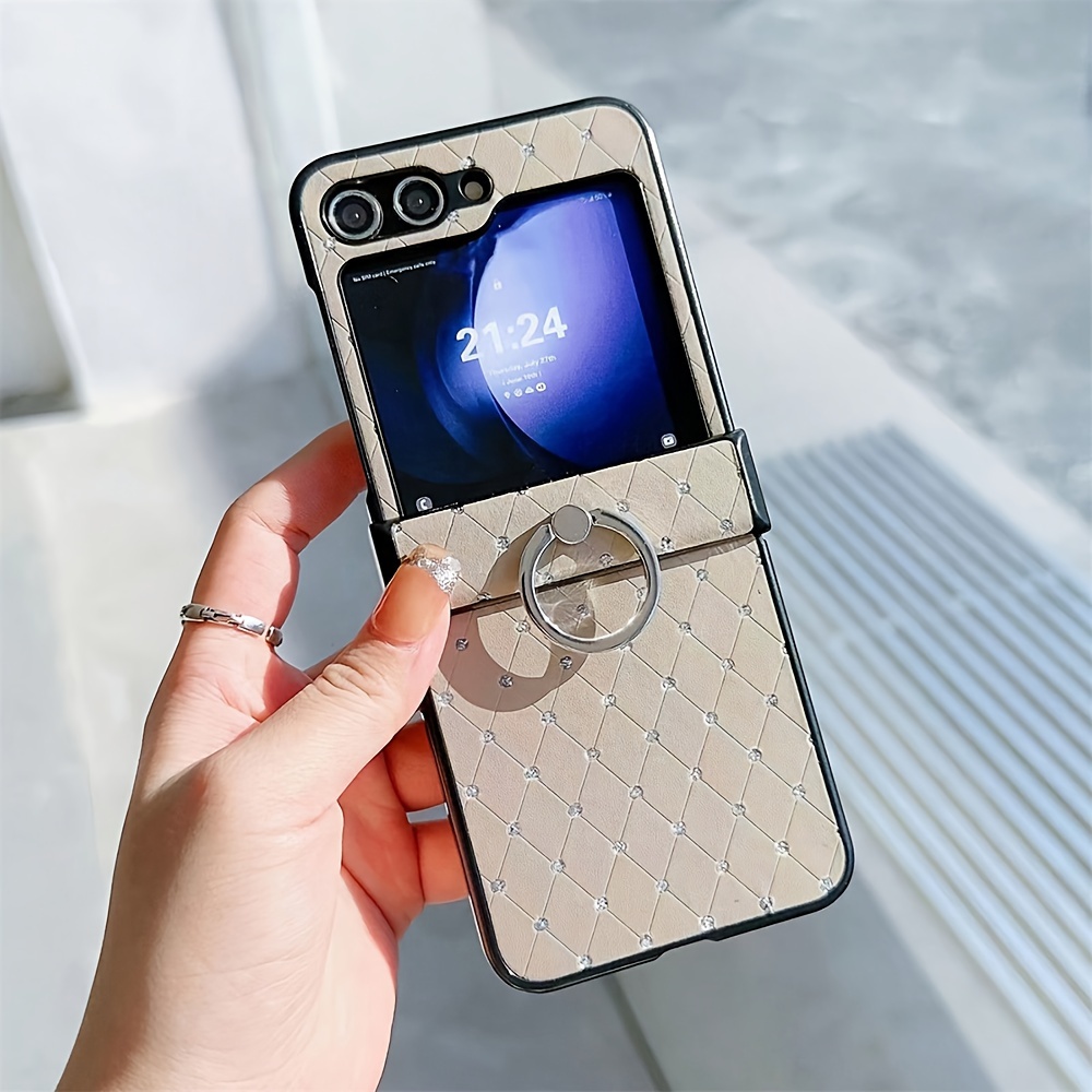 

Luxury Glitter Spot Drilling Lattice Ring Bracket Artificial Leather Phone Case Z Flip5 5g Z Flip4 Zflip3 Protective Cover