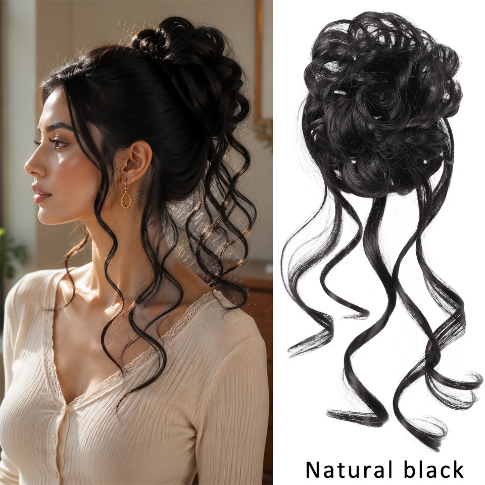 TEMU Synthetic Elegant Messy Curly Elastic Rubber Band Hair Bun Fluffy Easy To Style Suitable For Women Daily Party Halloween And Christmas New Year