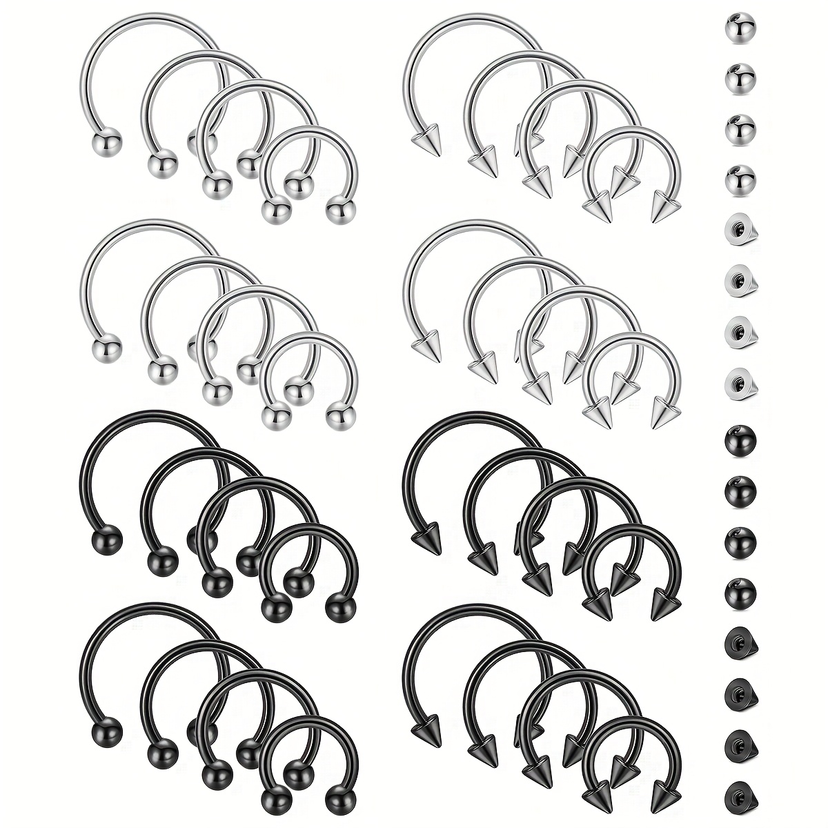 TEMU 48pcs/set Horseshoe Rings Surgical Stainless Steel Nose Septum Horseshoe Hoop Earring Eyebrow Tragus Lip Rings Daith Helix Piercing Jewelry For