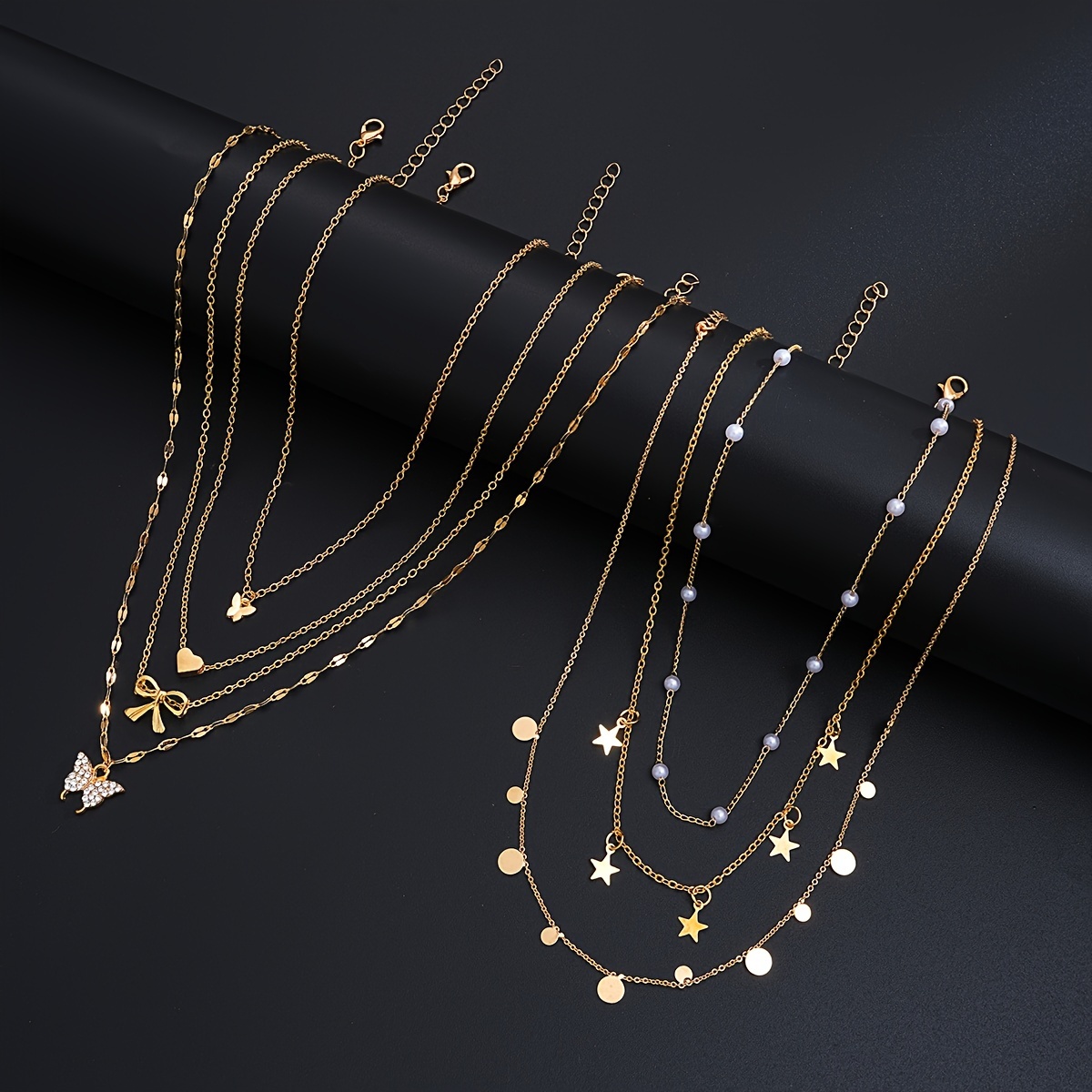 7pcs Vintage Rhinestone Butterfly, Heart, Bow Pendant Necklace Set