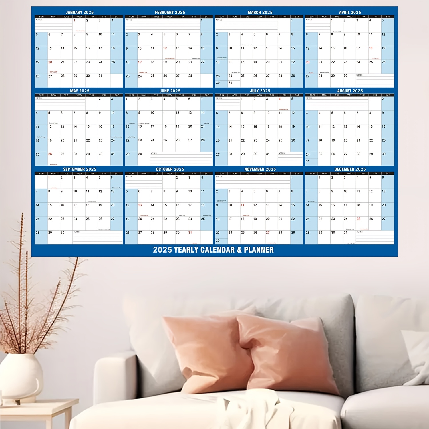 

2025 Wall Calendar, 32 X 48 Inches, Large Dry-erase Planner For Wet And Dry Use, 12-month Wall Planner, Reversible Horizontal/vertical, Blue