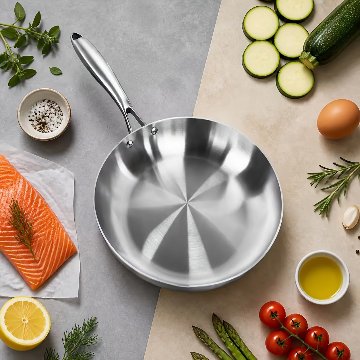 TEMU Heavy-duty 3-ply Stainless Steel Frying Pan, Food Grade 410 With Long Handle, Heating Professional Pan For Steak & Eggs, Induction & Gas
