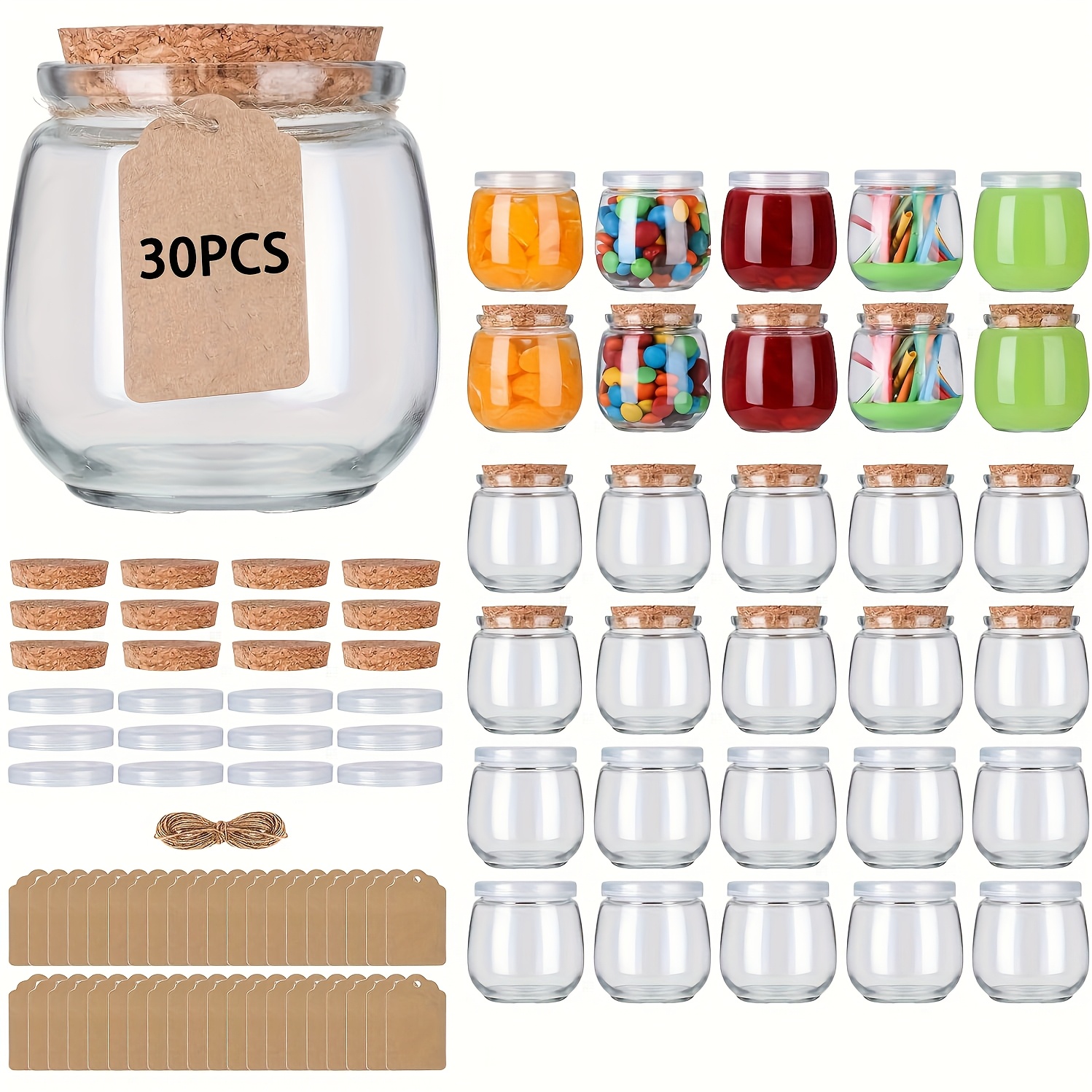 Image of 10/20/30pcs 100ml Glass Yogurt Jars With Lids, Small Glass Pudding Jars, Wedding Favors, For Milk, Jam, And Diy Gifts, Includes Labels, Tags, And String