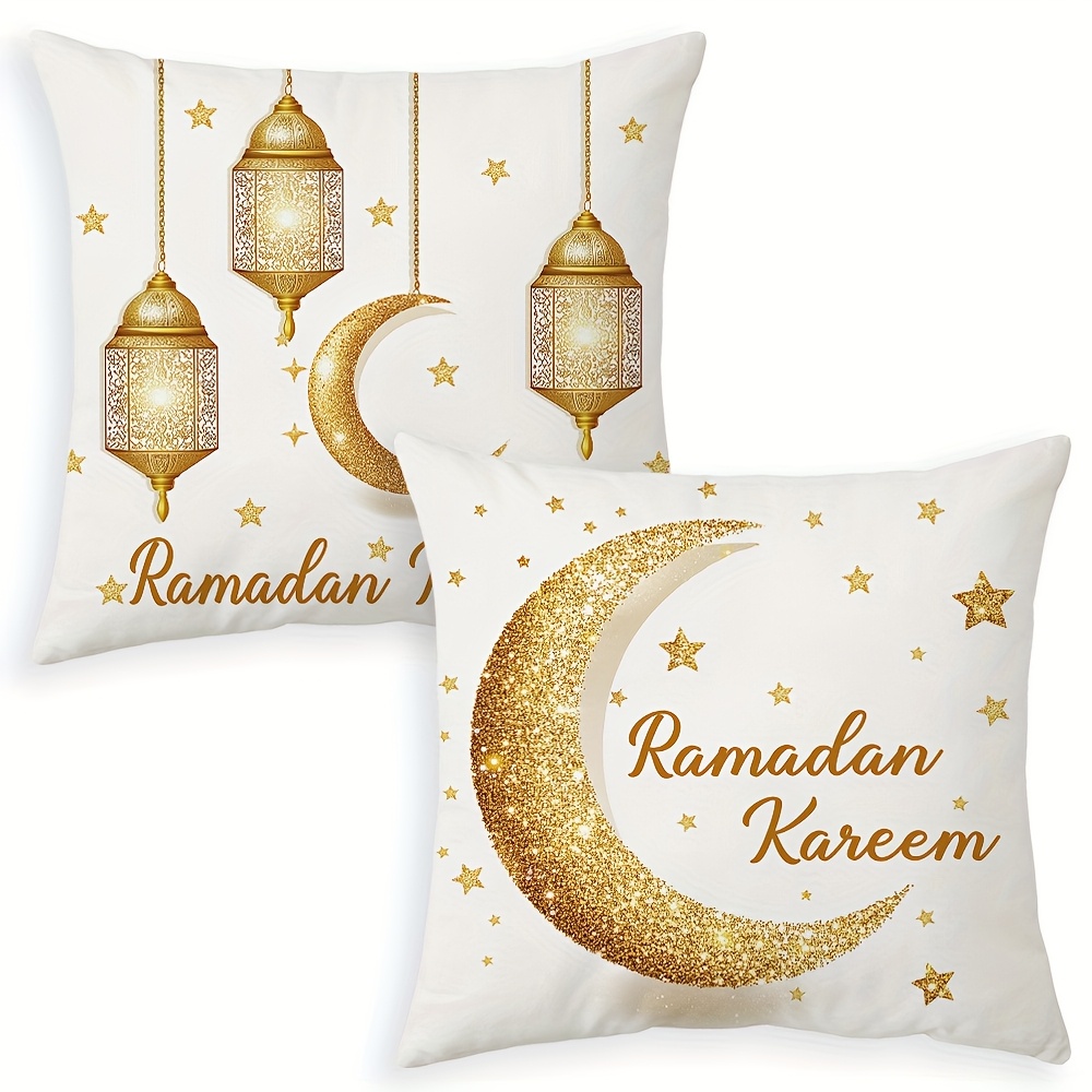 

2-pack Style Ramadan Pillow Covers, 18x18 Inch, And Lantern Print, Short Fabric, Zipper Closure, Hand Wash, Eid Decorative Cushion Cases For Room Types, Couch And Sofa - No Inserts