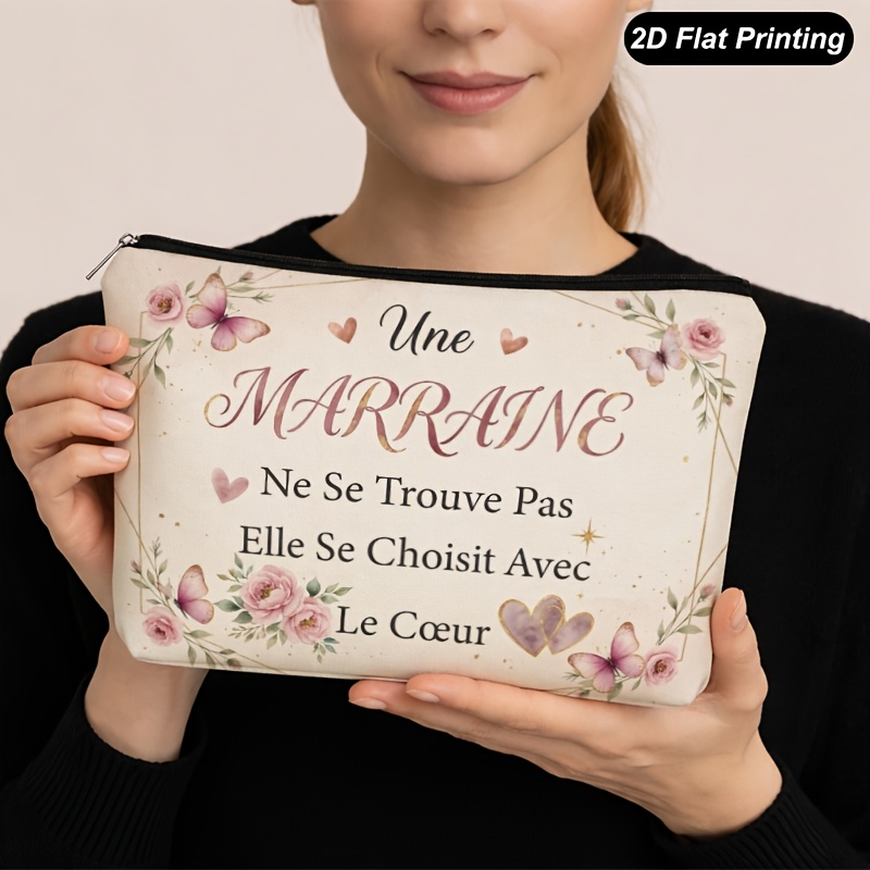 TEMU 1 pièce Trousse de maquillage pour femme avec "Godmother Heart", sacs cadeaux pour femme, trousse à cosmétiques à impression - avec fermeture