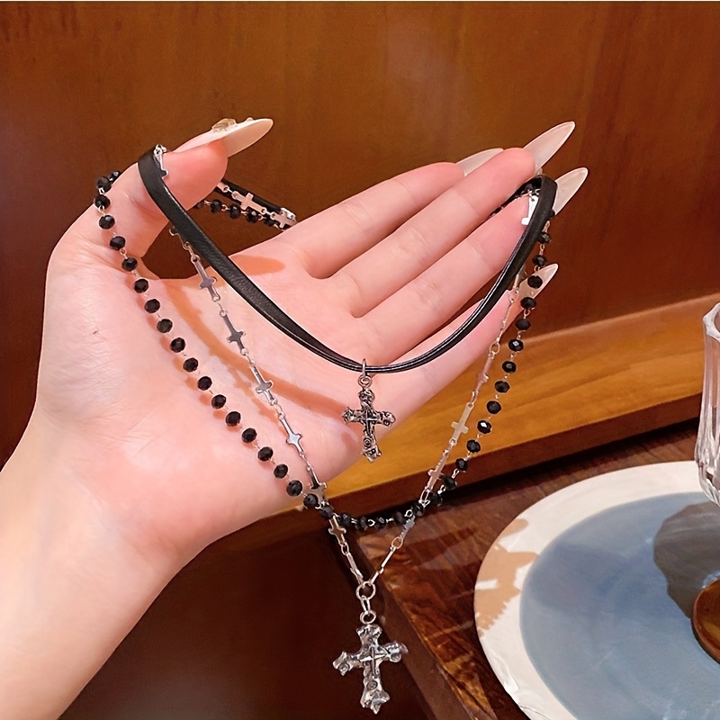 Image of 1pc Women's Fashion Pendant Necklace, Dark Gothic Style Cross Pendant Beaded Necklace, Suitable For Women' Casual Wear, Party Wear, And Holiday Gifts