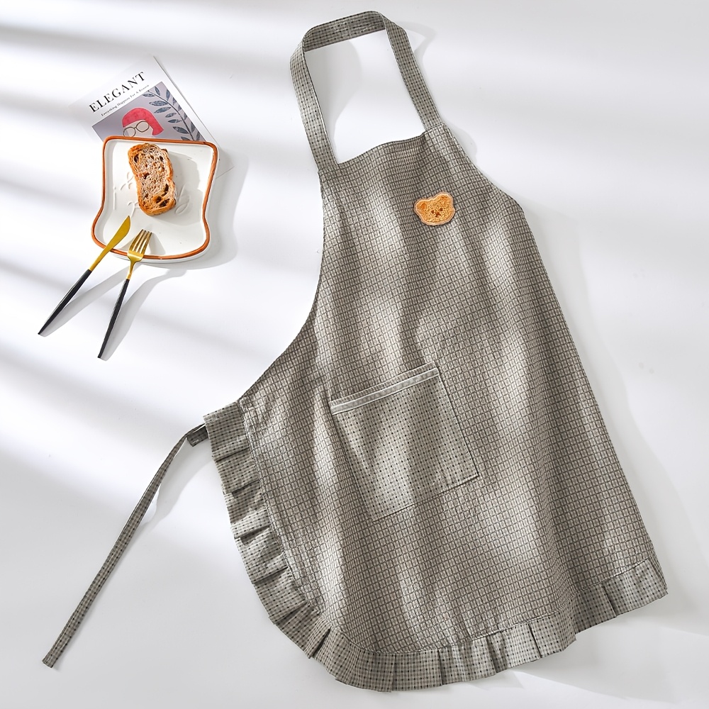 TEMU 1pc New Style Checkered Bear Pocket Sleeveless Halter Apron Fashionable With Pockets For Cafe Bakery Restaurant Service Staff Workwear Kitchen