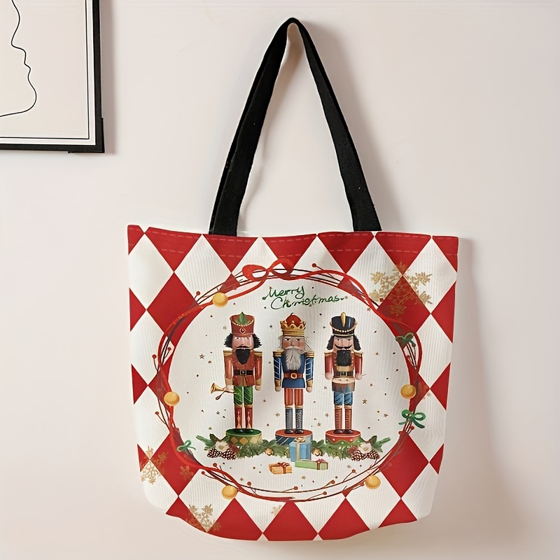 Image of A Fashionable Tote Bag Featuring Christmas-themed Figurine Prints, Spacious Enough For Casual , Shopping, And Everyday Use. This Reusable Shoulder Bag Serves As A Versatile Handbag