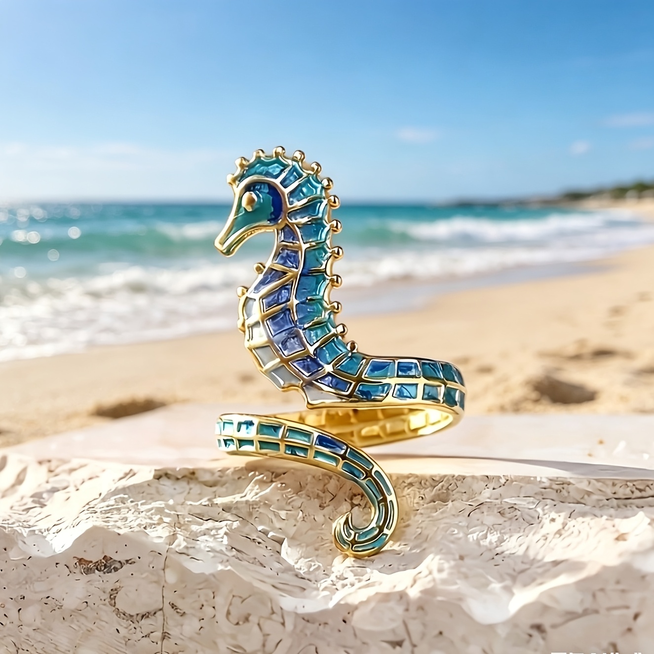 TEMU 1pc Bohemian Spring Summer Elegant Cute Fashion Blue Seahorse Creative Ring - Suitable For Daily Beach Vacation Wear