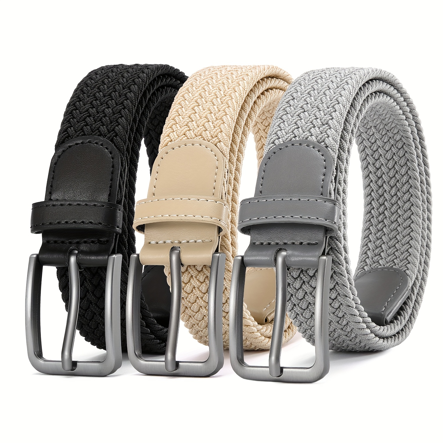 Men's 3pcs Braided Stretch Belts with Elastic Woven Design