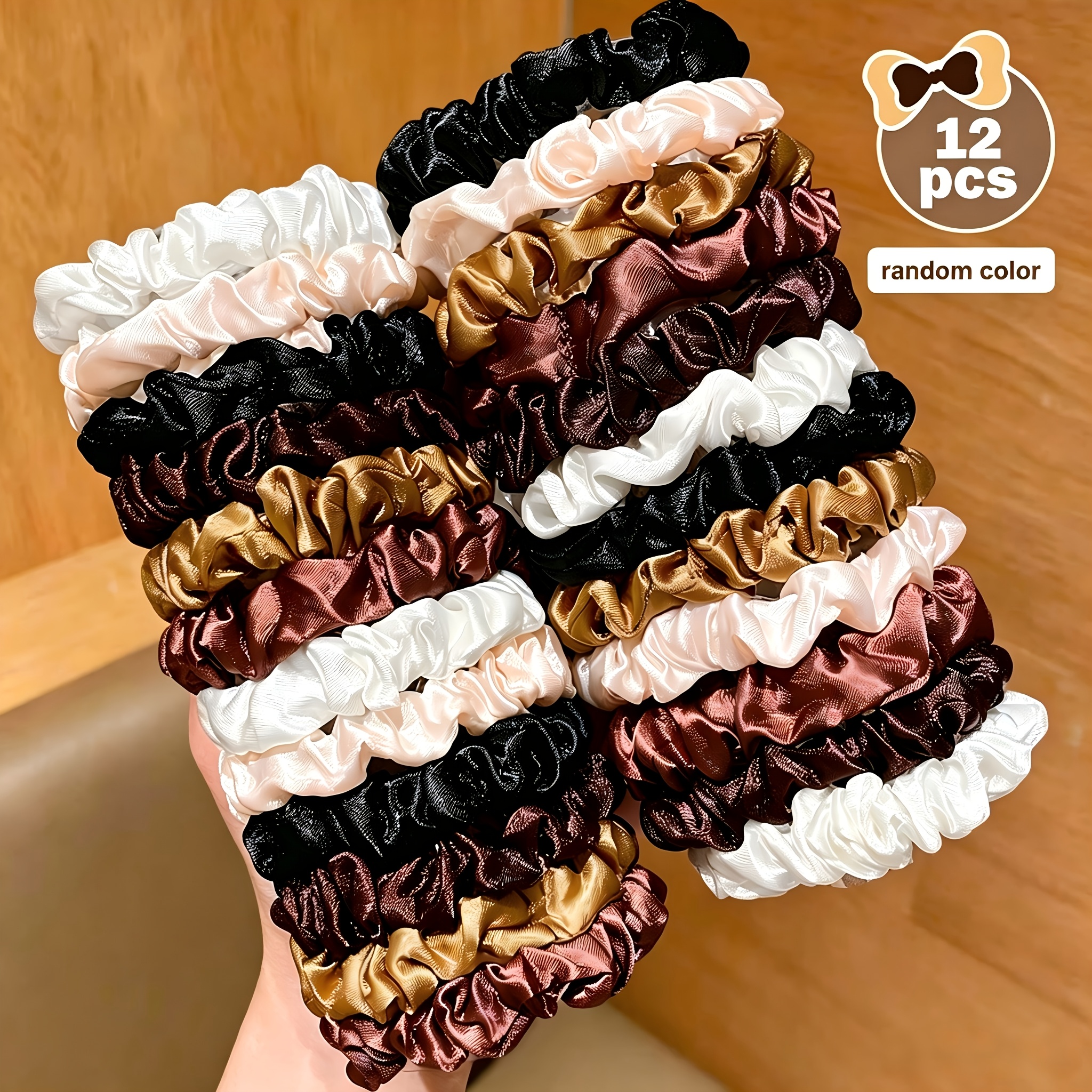 TEMU Random 12pcs Set Of Ins Elegant French Satin Scrunchies, Versatile Basic Hair Ties Hair Ropes Hair Additions Headbands Hair Bands