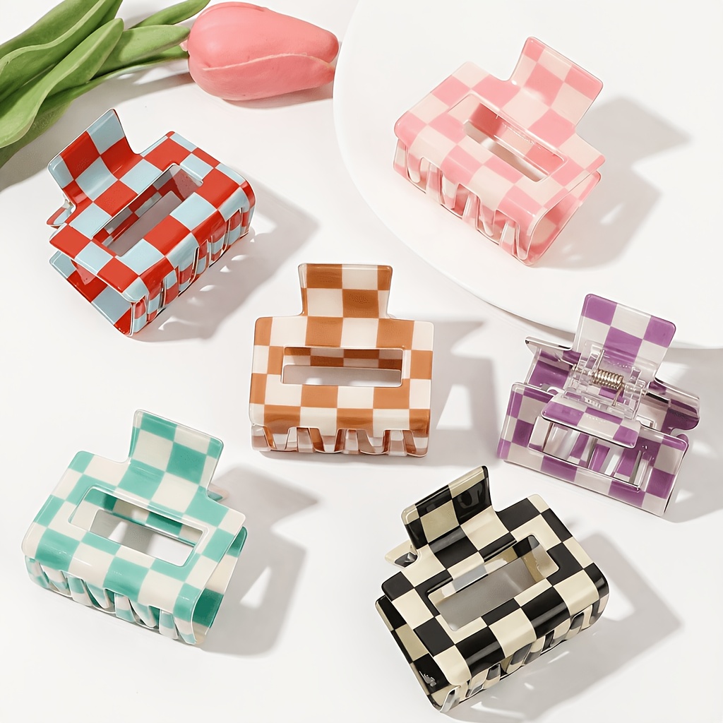 TEMU 6pcs Set Of Elegant, Vintage-style Rectangular Hair Clips With A Pastel Checkered Pvc Design And , Perfect For Updos, Ponytails, And Everyday