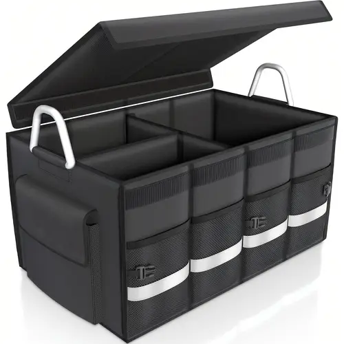 trunk organizer cargo organizer trunk storage waterproof collapsible durable multi compartments with foldable cover aluminium alloy handle reflective strip